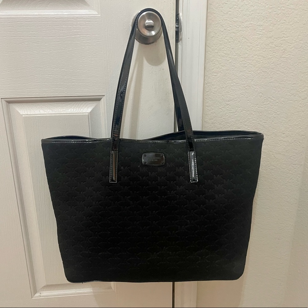 Michael Kors Black Canvas Tote with Patent Leather Trim